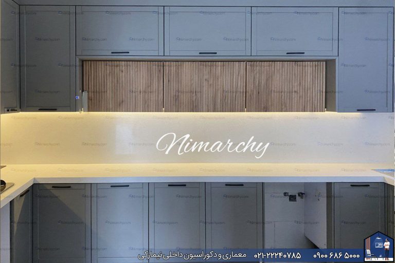 Nimarchy.com - کابینت نئوکلاسیک طوسی و چوب - پروژه آجودانیه