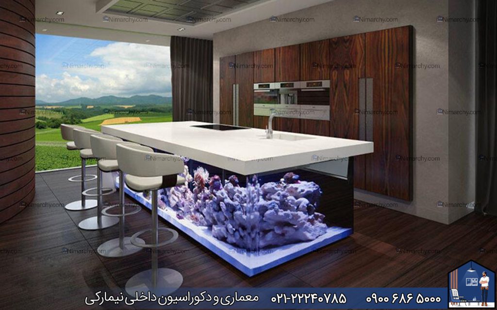 www.nimarchy.com-دکوراسیون-فضای-بین-آشپزخانه-و-پذیرایی-با-آکواریوم-ماهی