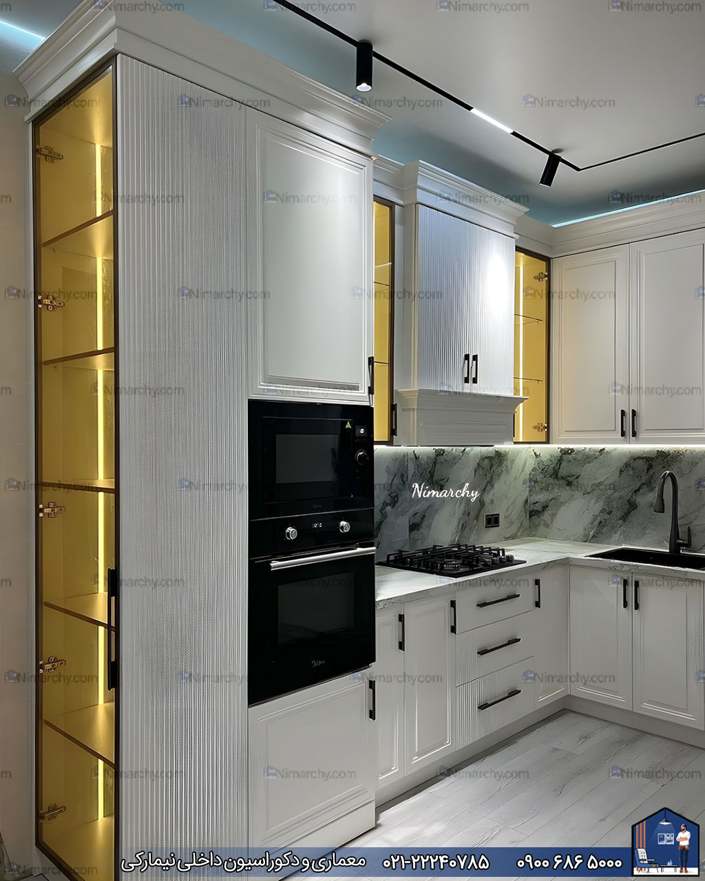 Nimarchy.com - کابینت آشپزخانه نئوکلاسیک با رنگ پلی اورتان پروژه سعادت آباد
