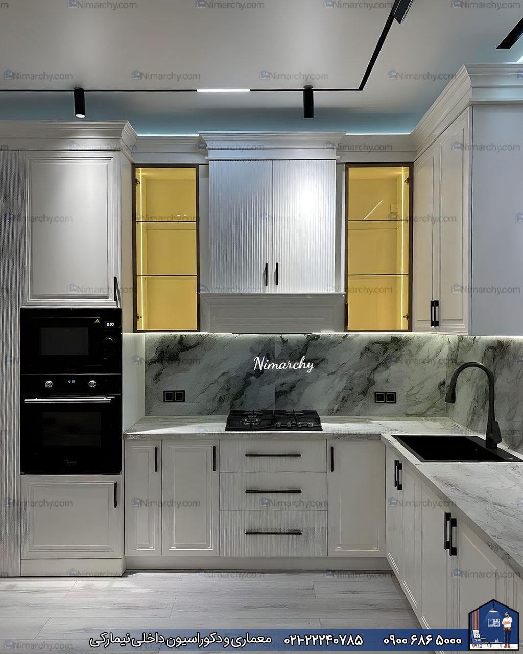 Nimarchy.com - کابینت آشپزخانه نئوکلاسیک با رنگ پلی اورتان پروژه سعادت آباد