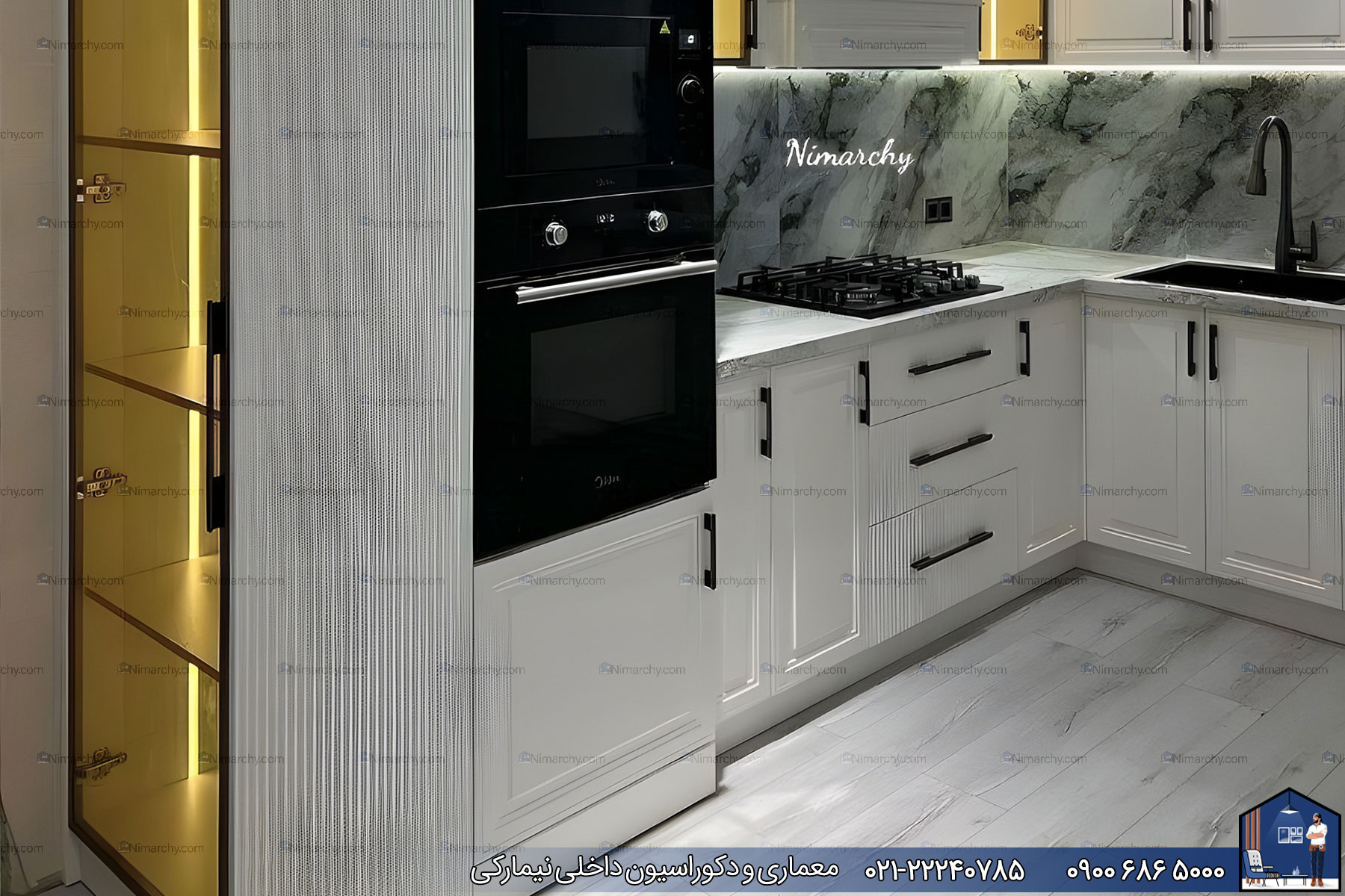 Nimarchy.com - کابینت آشپزخانه نئوکلاسیک با رنگ پلی اورتان پروژه سعادت آباد