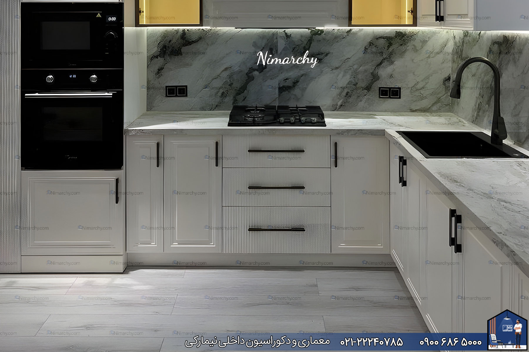 Nimarchy.com - کابینت آشپزخانه نئوکلاسیک با رنگ پلی اورتان پروژه سعادت آباد