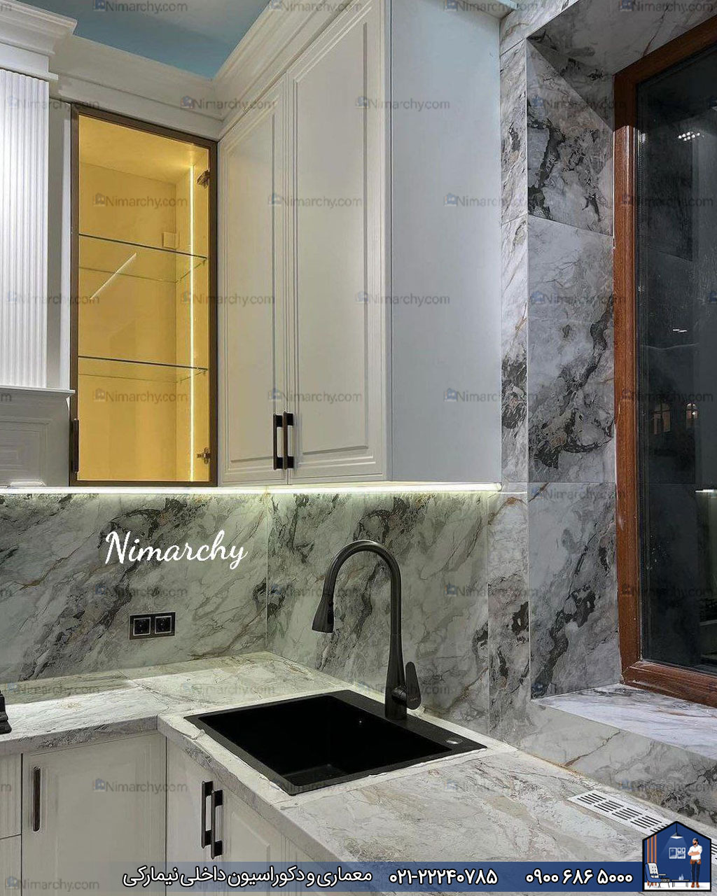 Nimarchy.com - کابینت آشپزخانه نئوکلاسیک با رنگ پلی اورتان پروژه سعادت آباد