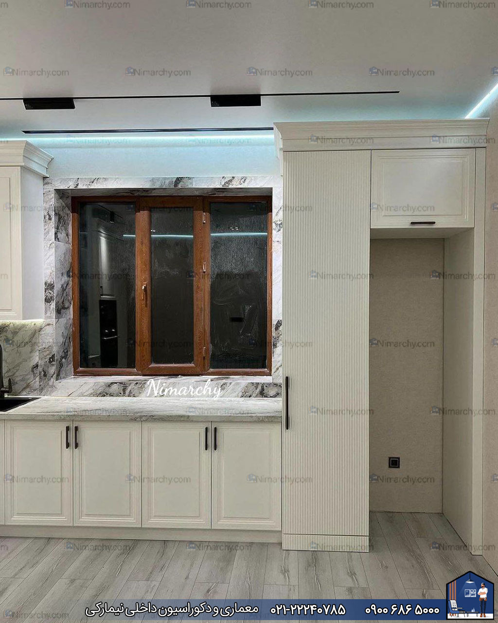 Nimarchy.com - کابینت آشپزخانه نئوکلاسیک با رنگ پلی اورتان پروژه سعادت آباد