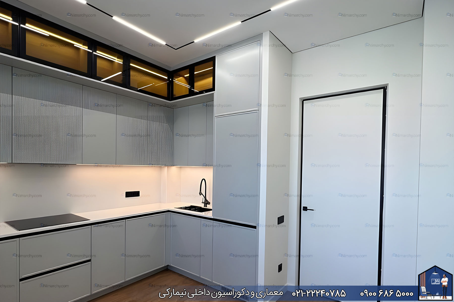 Nimarchy.com - کابینت آشپزخانه پلی اورتان طوسی و چوب پروژه میرداماد
