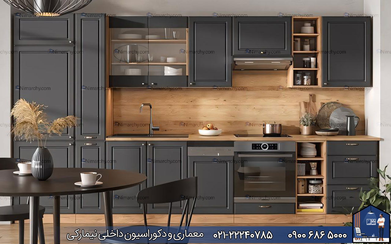 Nimarchy.com - کابینت نئوکلاسیک طوسی و چوب